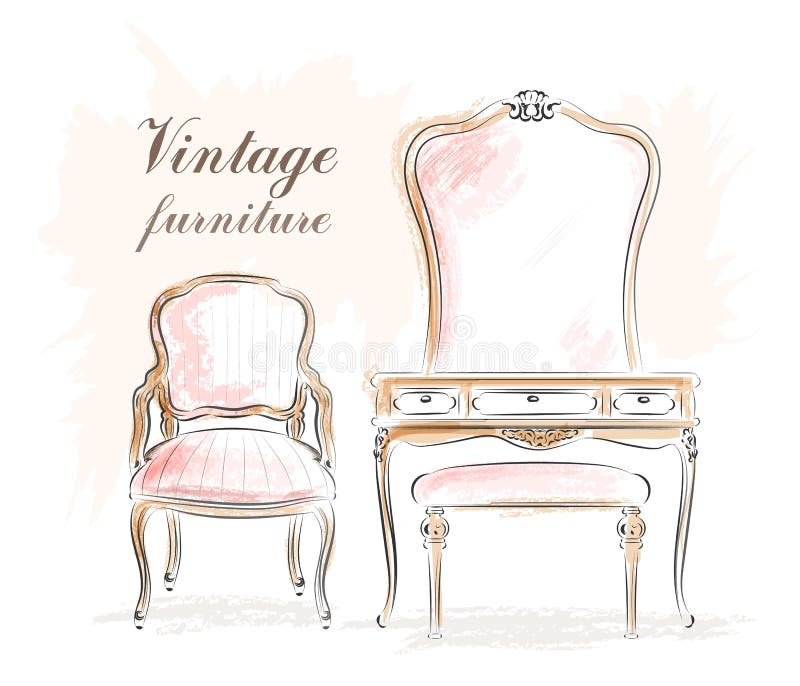 Stylish vintage furniture: dressing table with mirror and chairs. Sketch. stock illustration Stylish vintage furniture: dressing table with mirror and chairs. Sketch. stock illustration