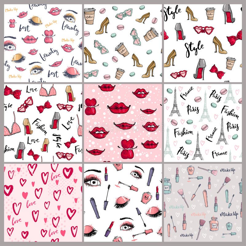 Stylish vintage motive fashion seamless pattern pink cosmetics accessories vector illustration. vector illustration Stylish vintage motive fashion seamless pattern pink cosmetics accessories vector illustration. vector illustration