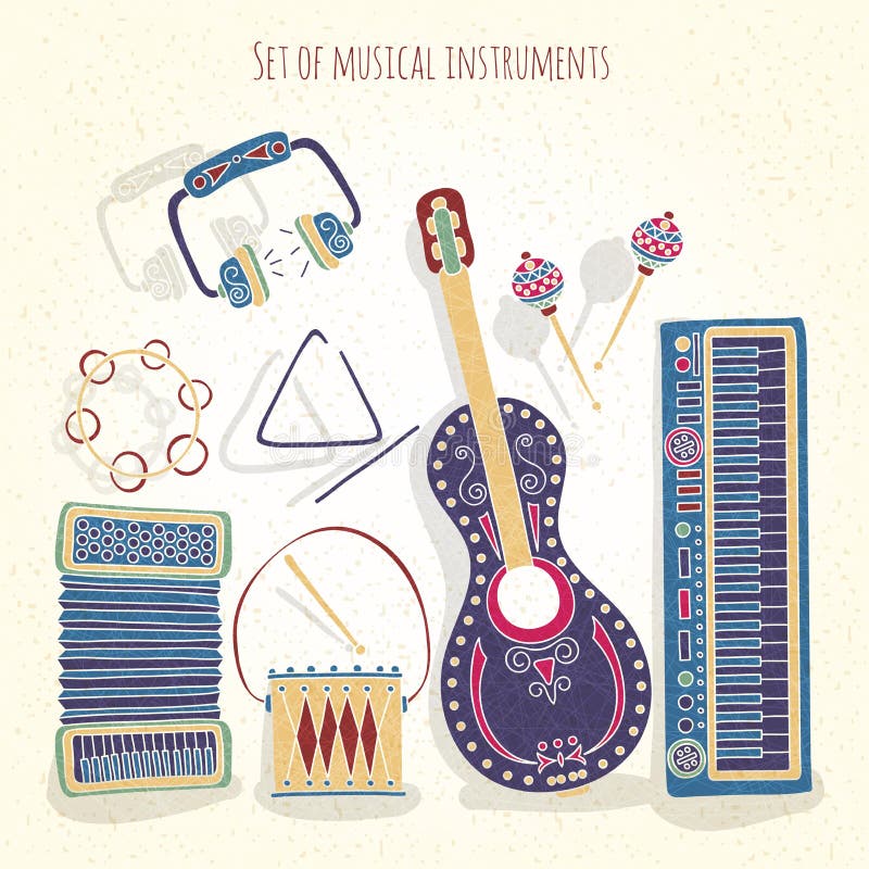Stylish vintage set of musical instruments on a textural background. Drums, treugodbnik, guitar, violin, headphones, accordion. vector illustration Stylish vintage set of musical instruments on a textural background. Drums, treugodbnik, guitar, violin, headphones, accordion. vector illustration