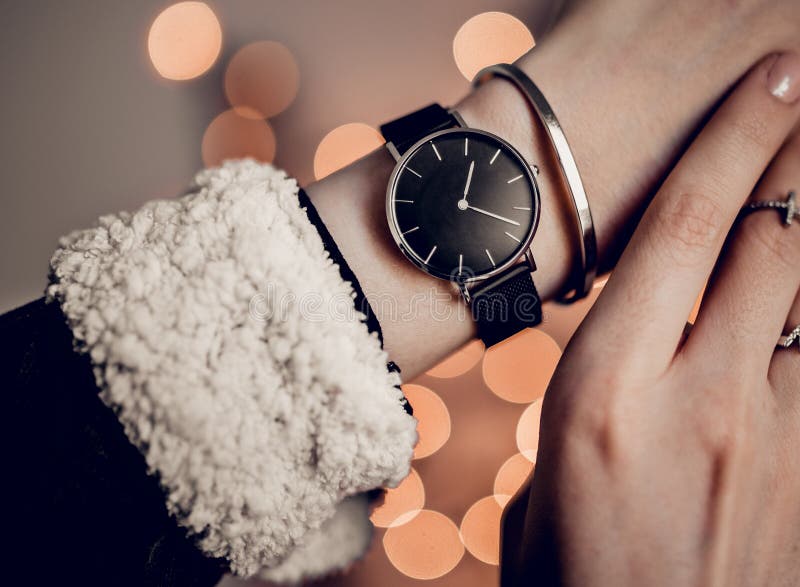 Stylish Black Watch On Woman Hand Stock Image Image of luxury