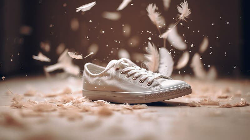 Stylish White Women S Sneakers and Flying Feathers, Advertising Shoes ...