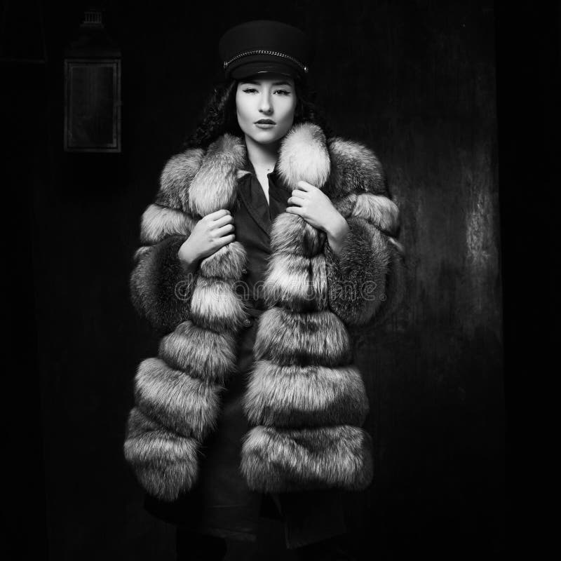 Stylish Woman in Jacket Dress and Fur Coat Stock Image - Image of ...