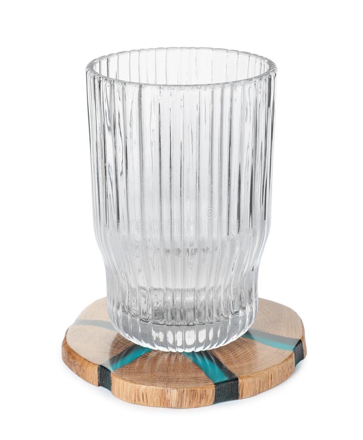 Stylish Wooden Cup Coaster and Glass on White Background Stock Image