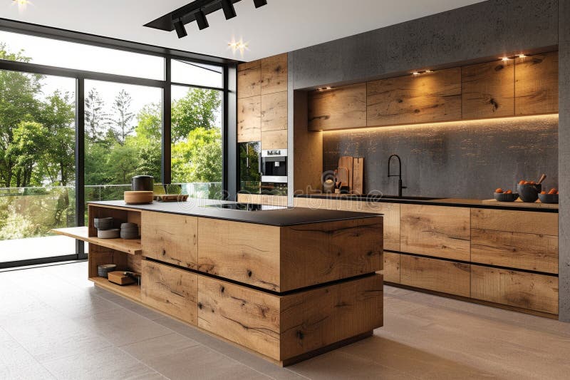 Stylish wooden log cabin kitchen, interior design trends. Rustic wooden log house stock images, royalty-free photos and pictures