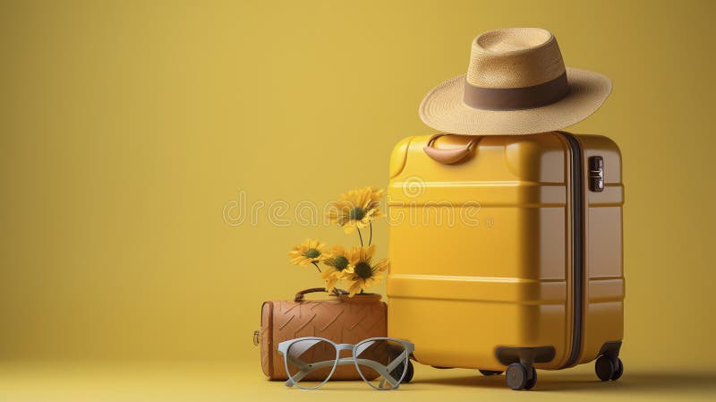 Stylish yellow suitcase with hat and sun glasses on yellow background, beautiful yellow background composition of travel concept stock illustration