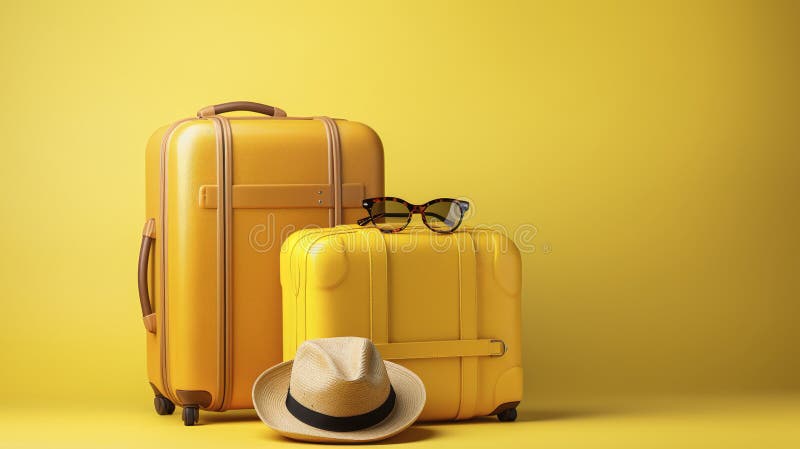 Stylish yellow suitcase with hat and sun glasses on yellow background, beautiful yellow background composition of travel concept stock illustration