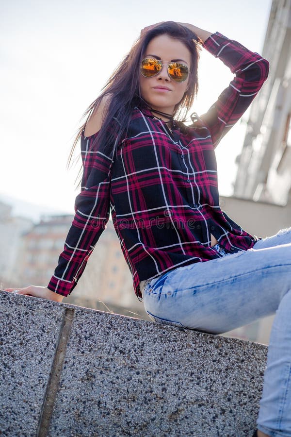 Stylish Young Brunette Woman In Sunglasses Posing Stock Image Image 