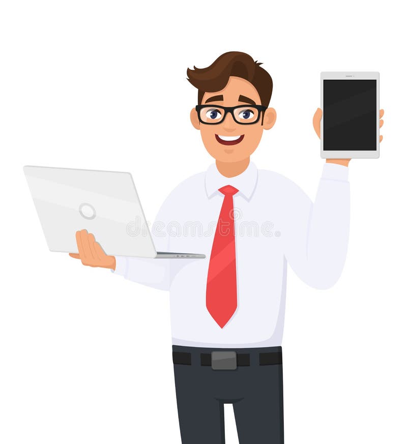 Stylish young business man holding laptop and showing blank screen tablet. Trendy person using or working computer. Male character vector illustration