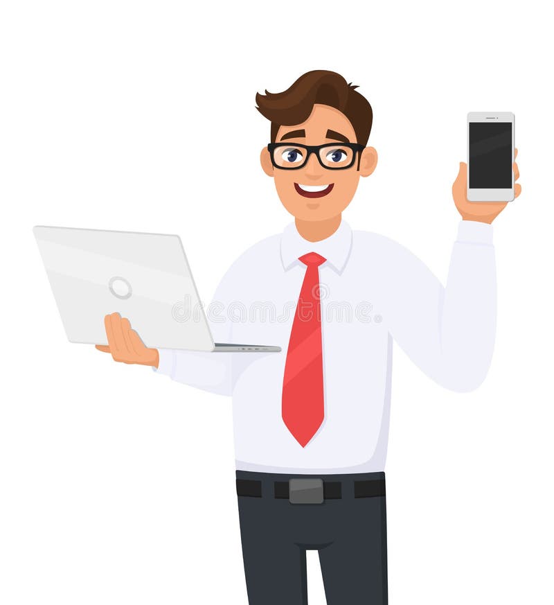 Stylish young business man holding laptop and showing mobile, cell phone. Trendy person using or working computer. Male character. vector illustration