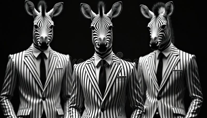 Stylish zebras in suits, black and white stripes. The businessman animal team, formal wear, fashion concept, elegant stock illustration