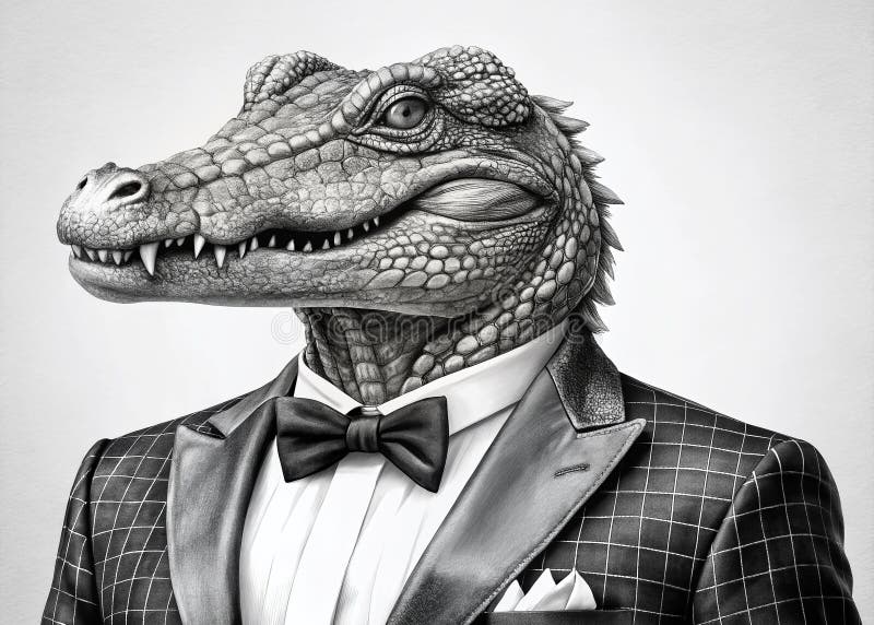 A Stylishly Dressed Crocodile Black and White Fashion Illustration Captures Chic and Whimsy vector illustration