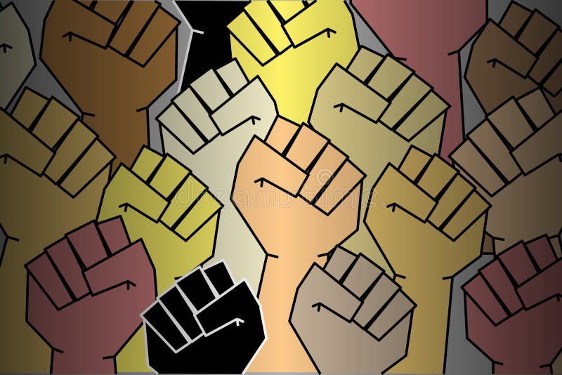 Stylized background of raised fists, people of different nationalities. Protest, revolution. Vector royalty free illustration