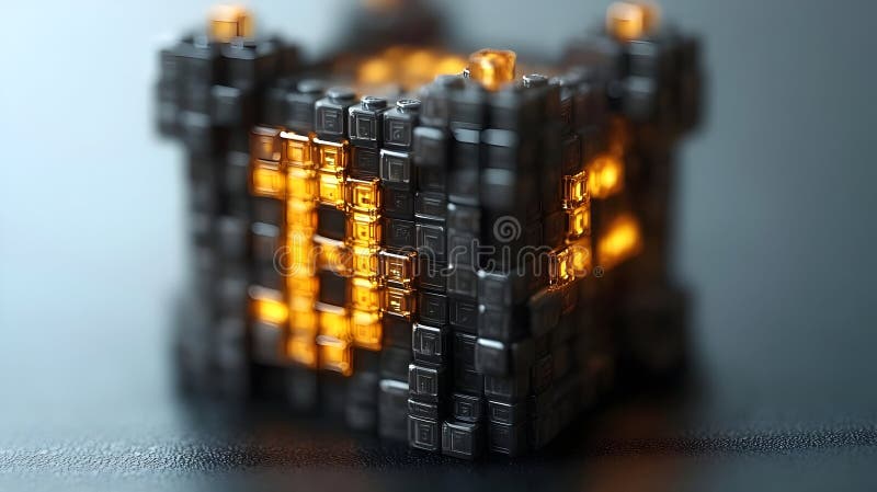 Stylized Black Cube with Glowing Orange Accents Digital 3D Render with Voxel Style Geometric Pattern Design and Metallic Texture vector illustration