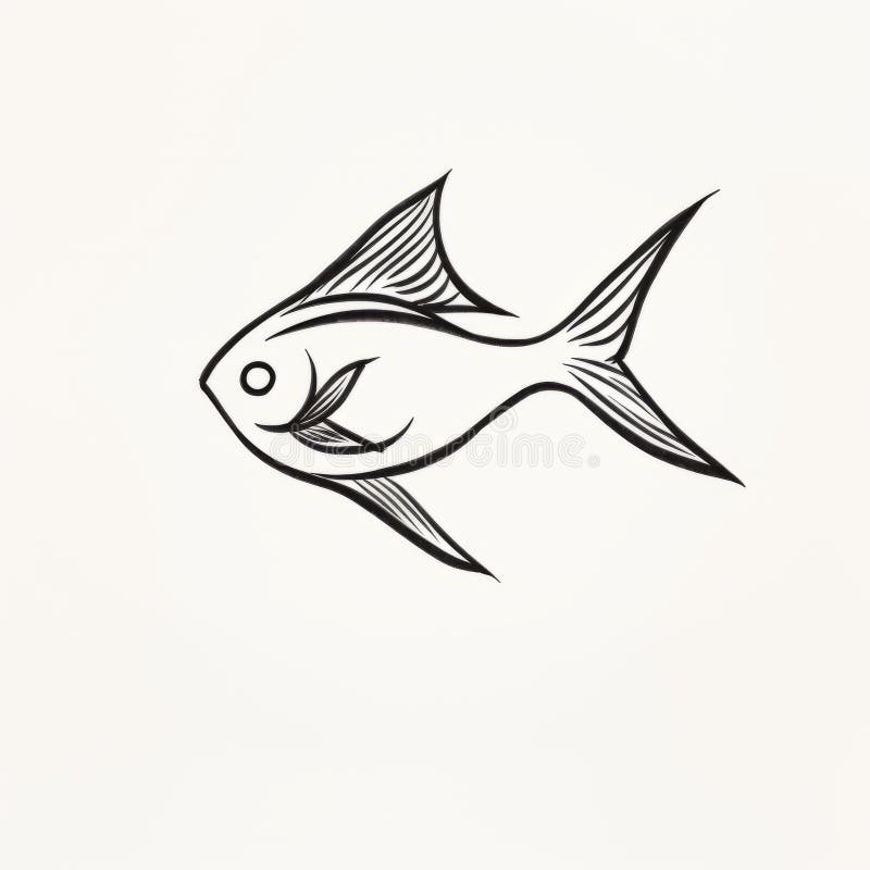 Stylized Black and White Fish Drawing: Minimalist and Calligraphic