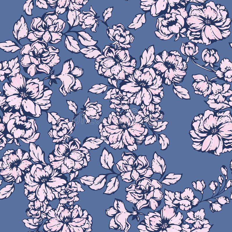 Stylized blooming meadow seamless pattern on a true blue background. Abstract artistic wild flowers print. Vector hand drawing stock illustration