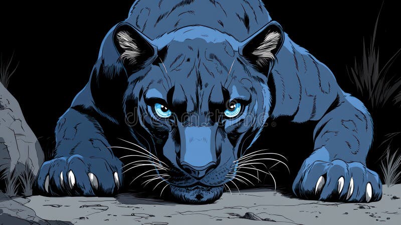 A stylized blue panther crouches, showcasing its fierce expression and sharp claws vector illustration