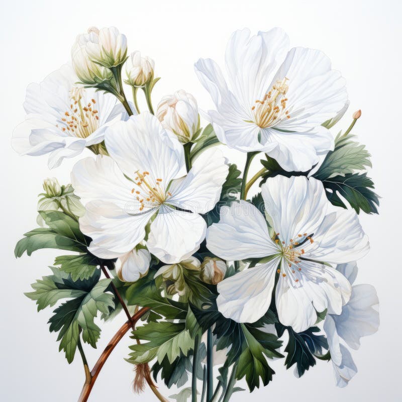Geranium Watercolor Painting: White Alba Flowers on White Background ...