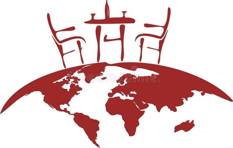 Red stylized vectorial illustration of chairs, table, glass and bottle for two person, placed on semicircular globe. Red stylized vectorial illustration of chairs, table, glass and bottle for two person, placed on semicircular globe.