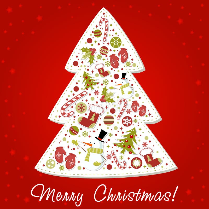 Stylized Christmas tree with xmas toys, balls... stock illustration