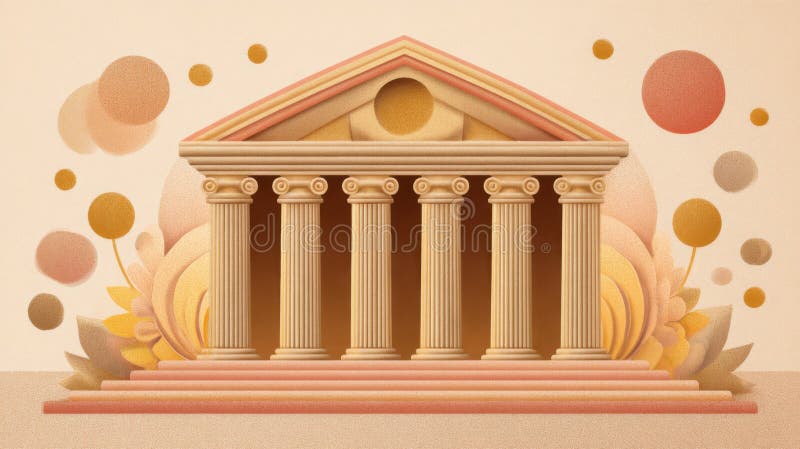A majestic building features tall columns and an elegant pediment, surrounded by soft, abstract shapes in warm colors, evoking a sense of grandeur. Abstract classical stock images, royalty-free photos and pictures