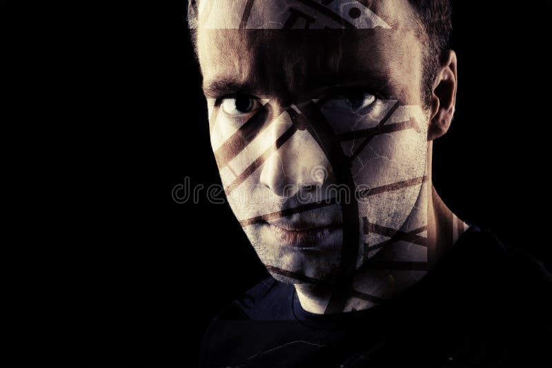 Stylized closeup portrait of a man on black, dark moody toned. Negative moody stock images, royalty-free photos and pictures