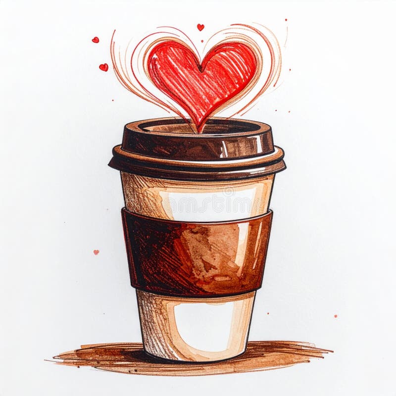 Stylized Coffee Cup With Red Heart Drawing on White Background vector illustration