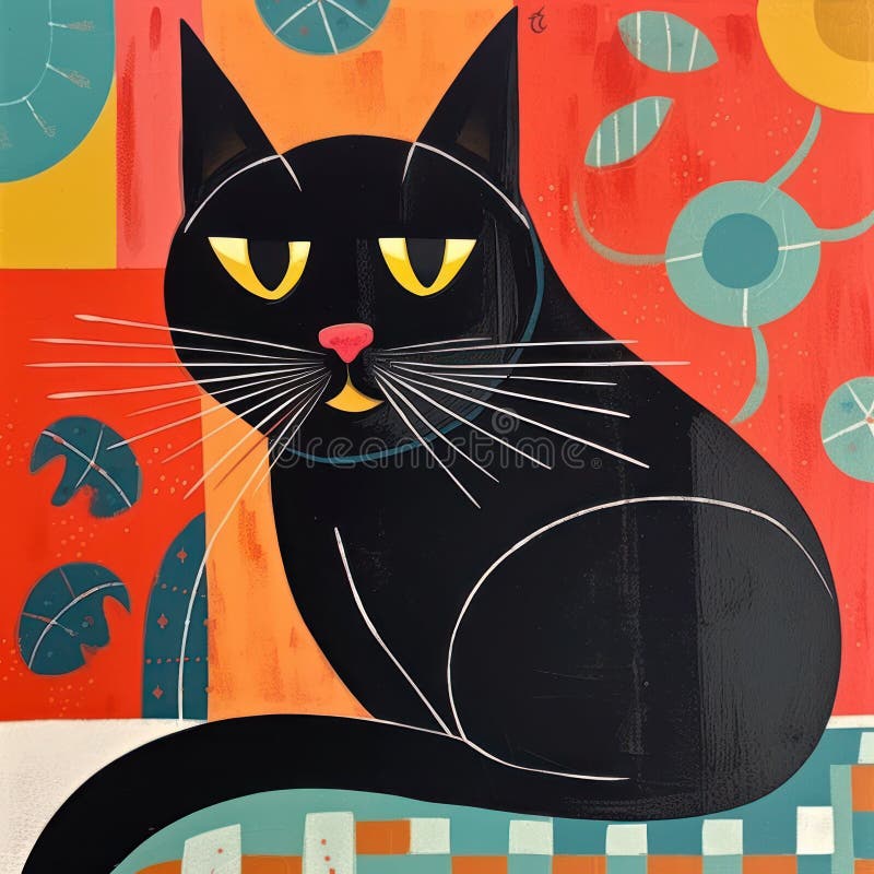Stylized Cute Black Cat Vibrant Colors Kitsch Mid Century Modern Art ...