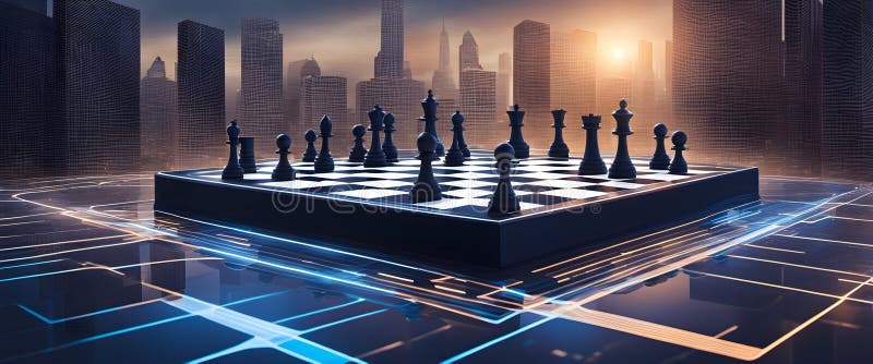 A stylized 3D abstract representation of a chessboard, with digital data bits moving as pieces. The background is a futuristic royalty free illustration