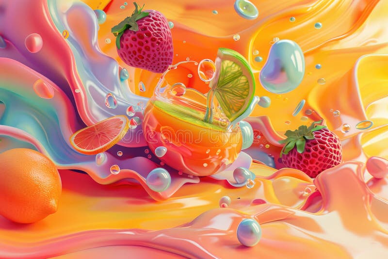 Stylized 3D Juice Concept Surreal Fruit Forms, Vibrant Wellness Rejuvenation royalty free illustration