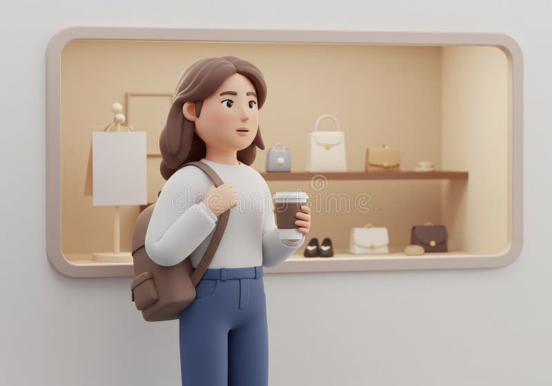 Woman with Coffee Viewing Purse Display in Store Stylized Rendering vector illustration