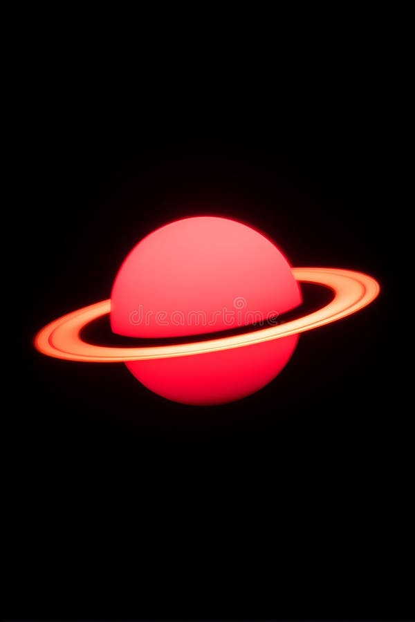 A stylized depiction of a planet resembling Saturn. The planet is bright red with glowing vector illustration