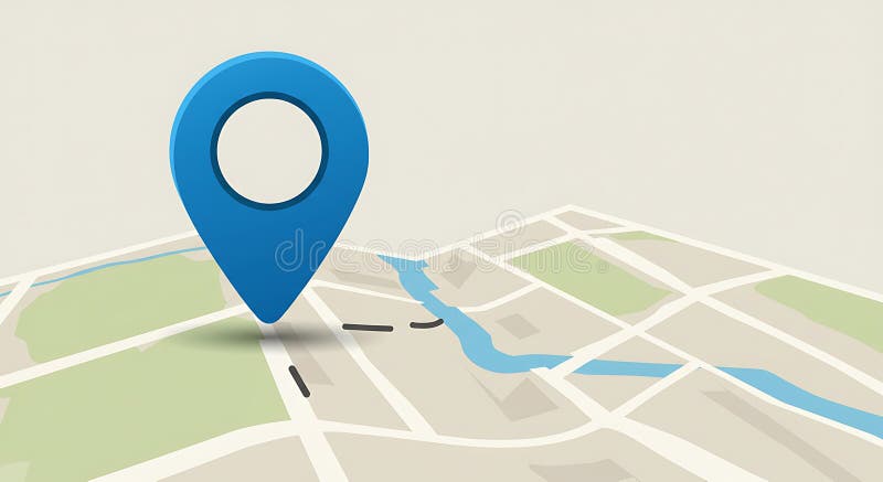 A stylized digital map features a large blue location pin marker prominently placed. royalty free illustration