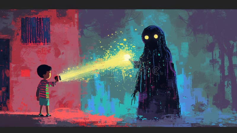 Child confronting a dark shadowy figure with glowing eyes royalty free stock photos