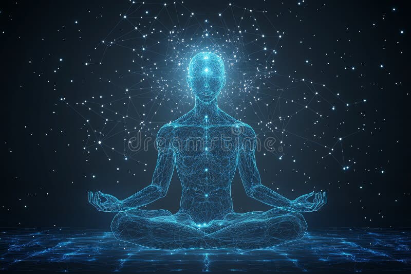 A stylized digital representation of a person in a meditative pose, surrounded by a constellation of light, high-resolution background