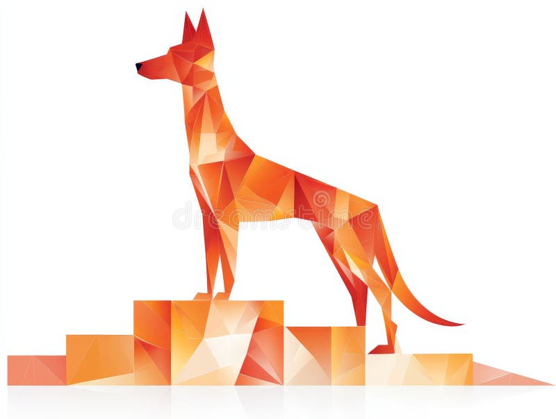 Stylized Doberman Pinscher in a low poly art style standing tall with angular features and a fiery orange palette evoking stren vector illustration