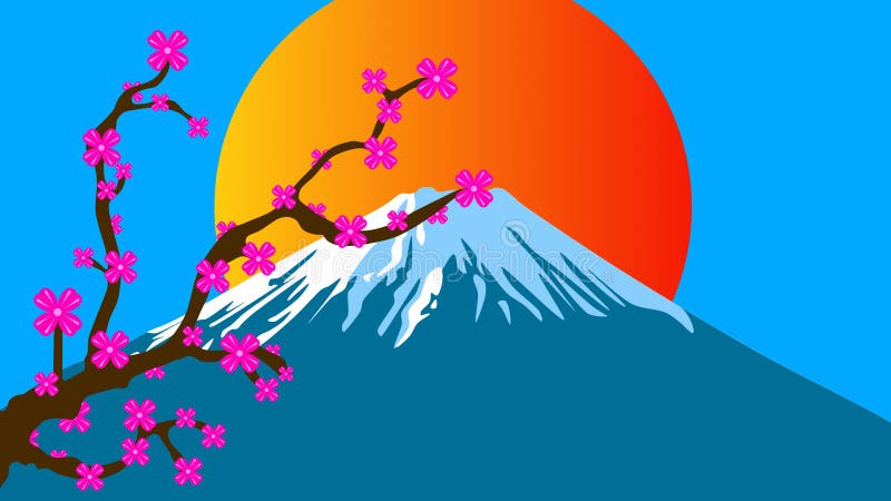 Stylized Drawing of Mount Fuji with a Cherry Blossom Tree and Beautiful ...