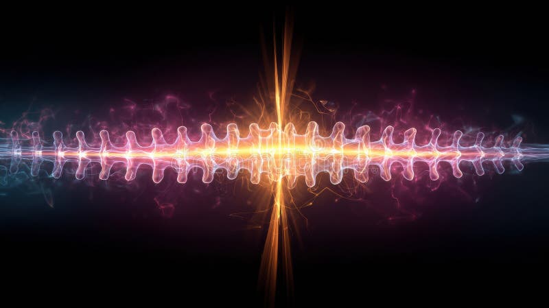Stylized Energy Pulses Flow Along a Dynamic Spinal Line in Vibrant Kinetic Colors, Showcasing an Abstract Artistic