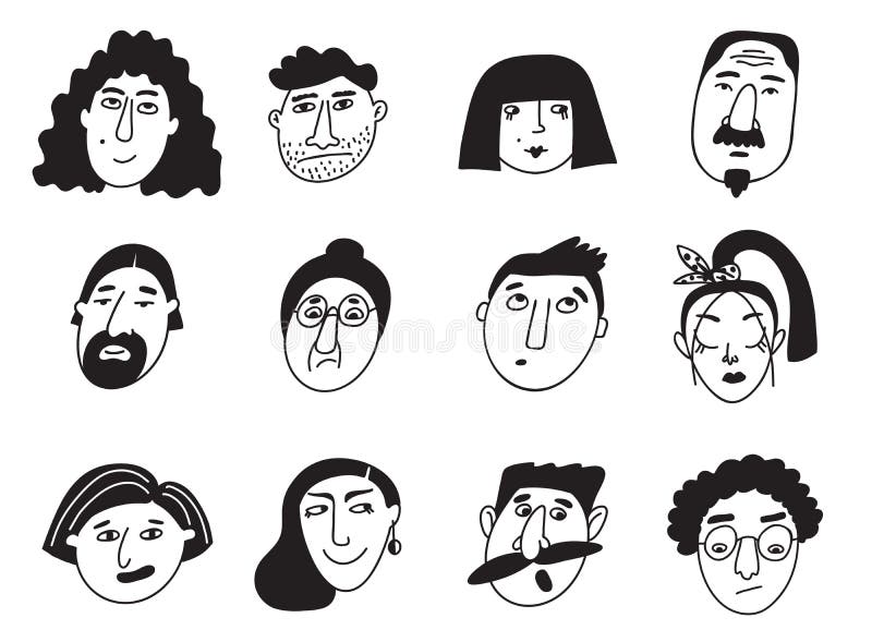 People Faces in Cartoon Style Black and White Icons Stock Vector