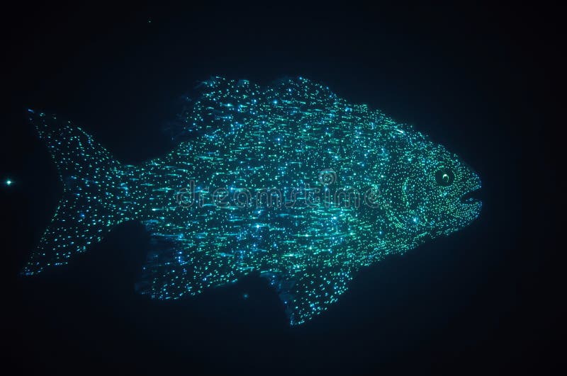 Abstract glowing teal fish silhouette against dark background royalty free illustration