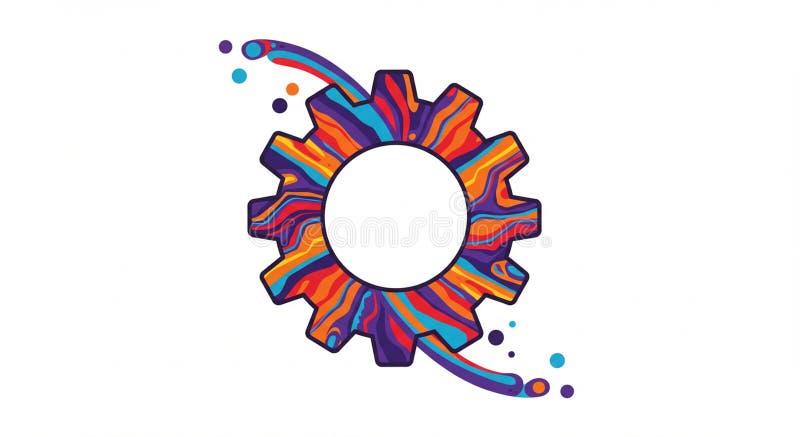A stylized gear icon with vibrant, swirling patterns in red, orange, blue, and purple. The vector illustration