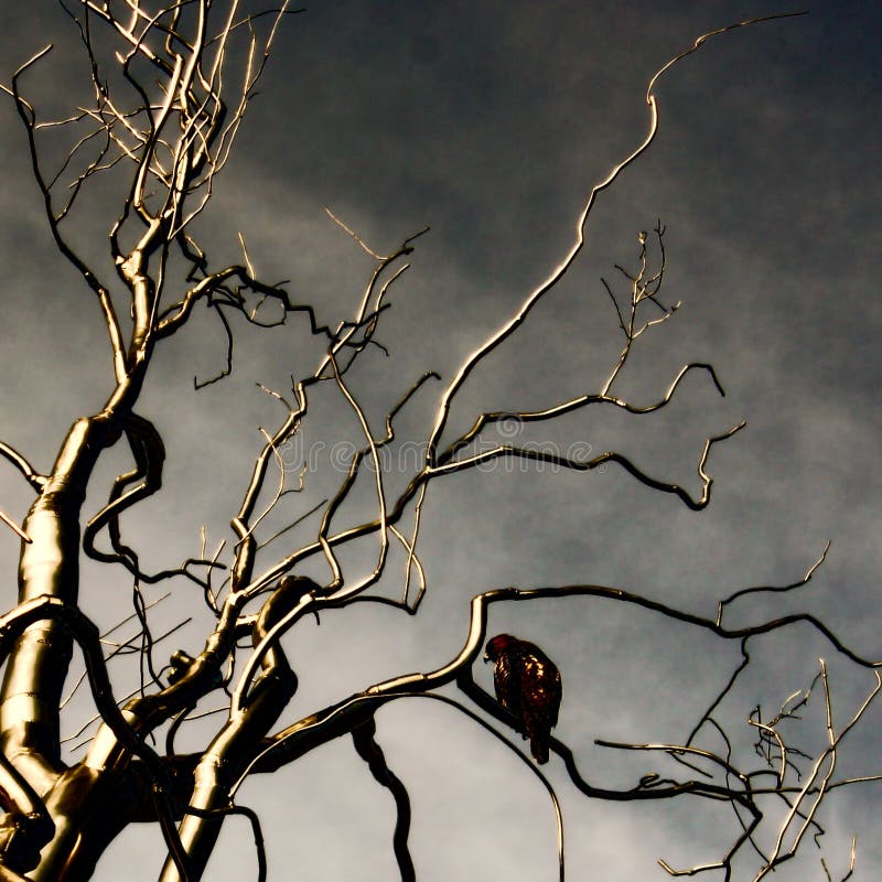Stylized Ghostly Tree With Bird. A bird of prey sits among the barren and twisted branches of a twisted trees.
