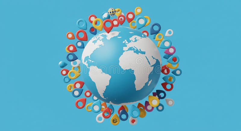 A stylized globe centered in the image, depicting simplified continents in white royalty free illustration