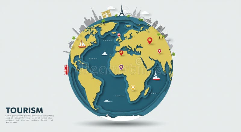 A stylized globe emphasizes major world landmarks emerging from the top edge. vector illustration