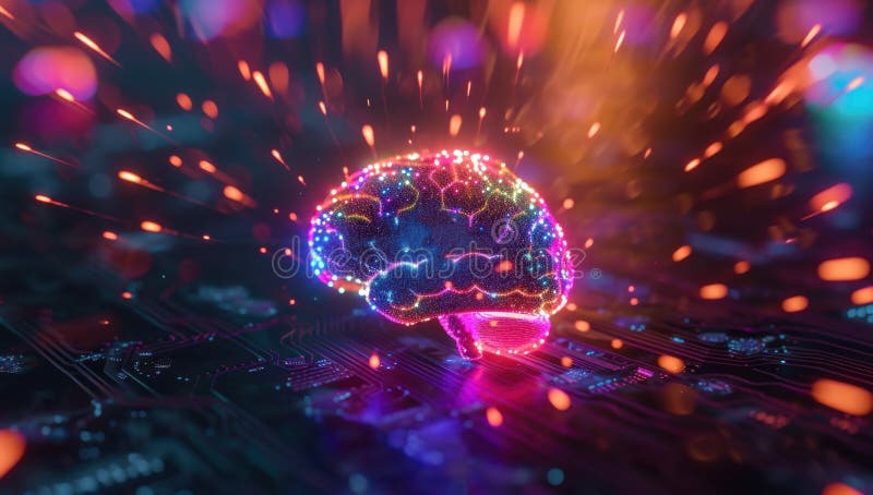A stylized glowing brain on a circuit board, representing artificial intelligence, machine learning, and neural networks vector illustration
