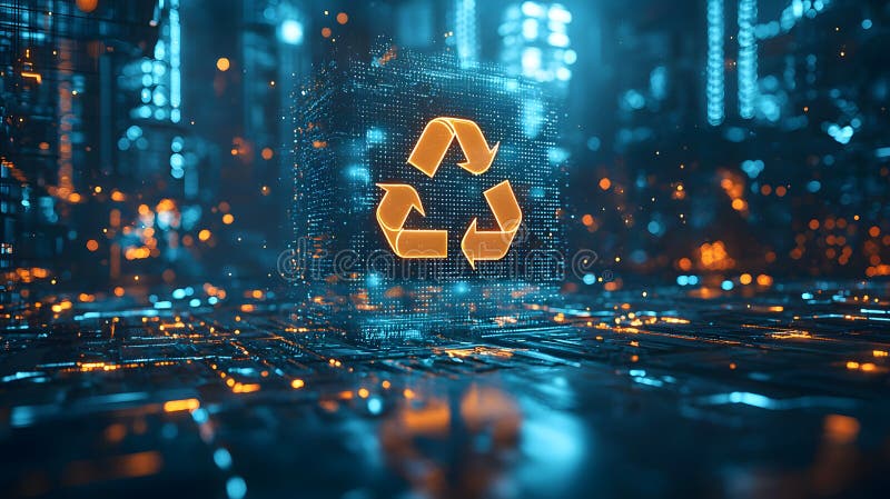 Stylized Glowing Recycling Symbol in Futuristic Setting stock illustration