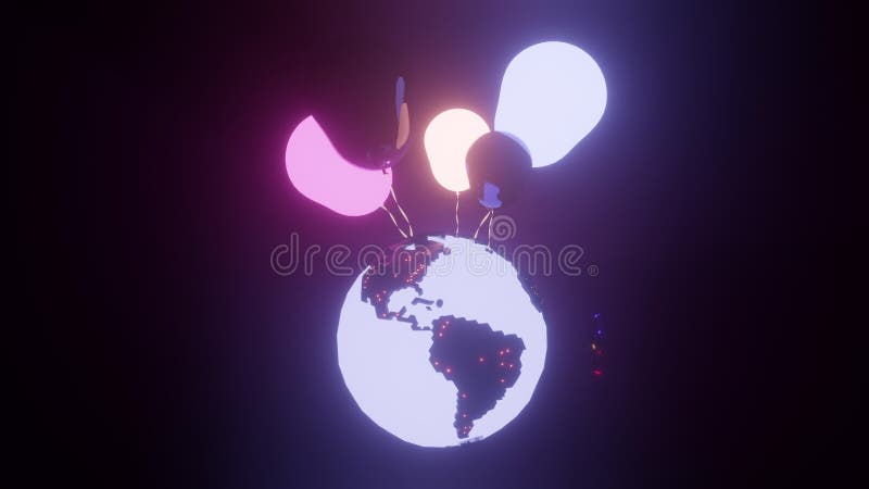 Stylized glowing spinning simple low-poly Earth is held up by colorful balloons stock illustration