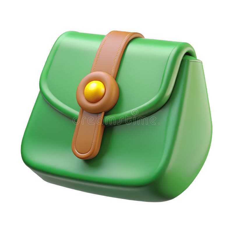 Stylized Green Purse With Brown Strap And Golden Button Isolated On White Background stock illustration
