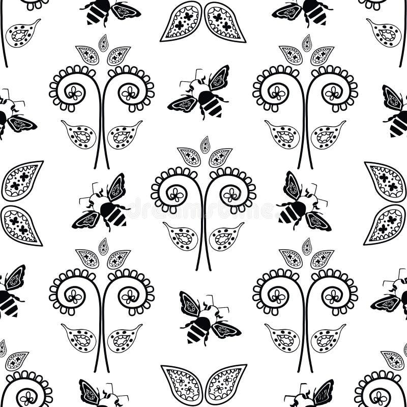 Stylized honey bee and flowers seamless vector pattern background. Formal backdrop with black and white flying insect