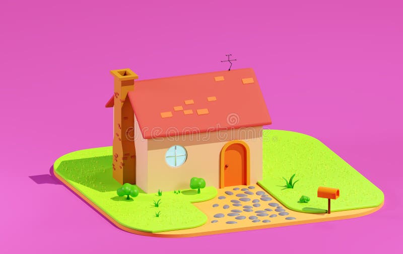 Stylized House, 3d Render. Cute Cartoon House with a Round Window and a  Courtyard Stock Illustration - Illustration of window, home: 230231069