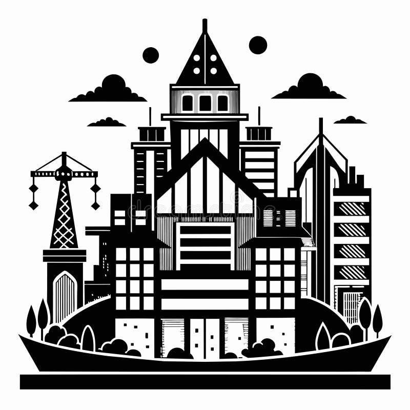 A stylized illustration of a city with tall buildings, a crane, clouds, and a park, Create a design using only black and white to stock illustration